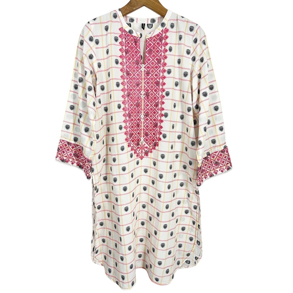 Beechtree Indian Bohemian White Pink Embroidered Tunic Top Womens Size 14‎